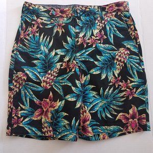GEORGE Stretch Flat Front Short Black Green Floral Size 30 NEW